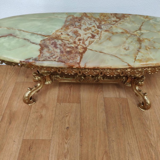 Oval coffee table with marble top and ornate golden base, Metal, Green, Klassiek (photo 12 of 12)