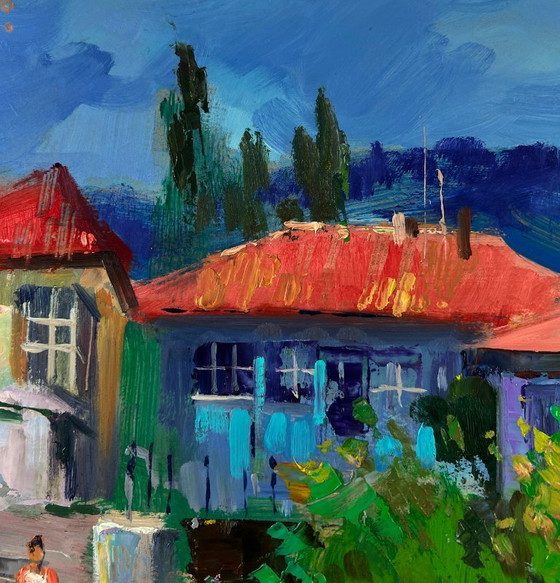 Image 1 of Original Oil Painting Summer House Landscape Old city building with stairs