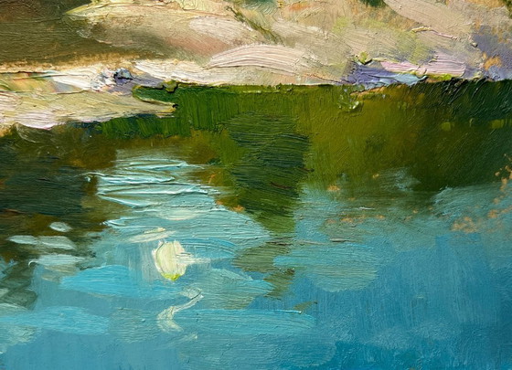 Image 1 of Original Oil Painting Coastal Forest Landscape Forest in the reflection of the river