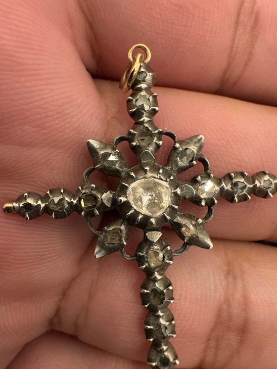 Image 1 of Hermoso colgante antiguo de cruz de diamantes de 1850