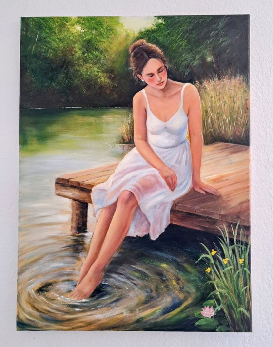 David KANDELAKI - Woman sitting on the pier - Artist's Painting, Paintings & Drawings, Canvas, Other, Green (photo 8 of 11)