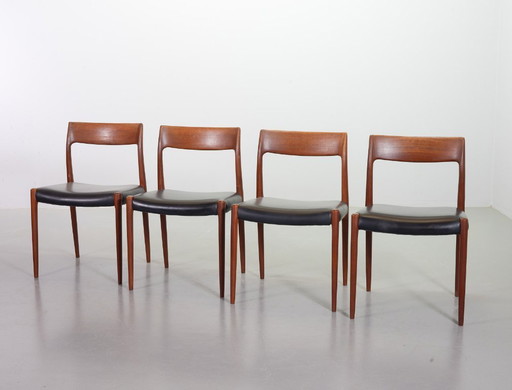 Mid-Century Scandinavian Niels Otto Moller Teak Wooden Dining Chairs with Black Leather Upholstery, Model 77. Set of 4.