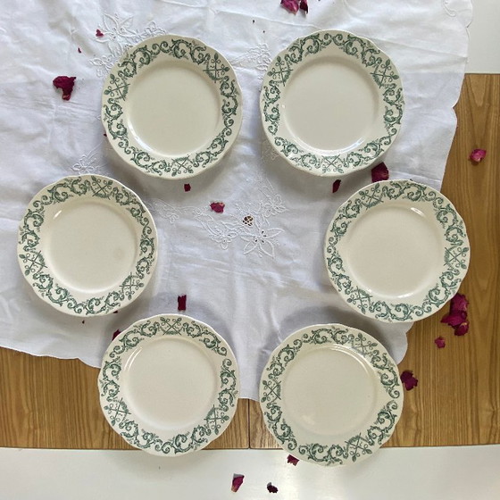 Image 1 of 6 assiettes dessert terre de fer Longchamp modèle Trévise vert faïence ancienne 