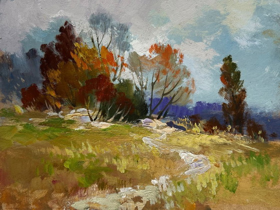 Image 1 of Original Oil Painting Autumn Forest Landscape Twilight of the autumn forest
