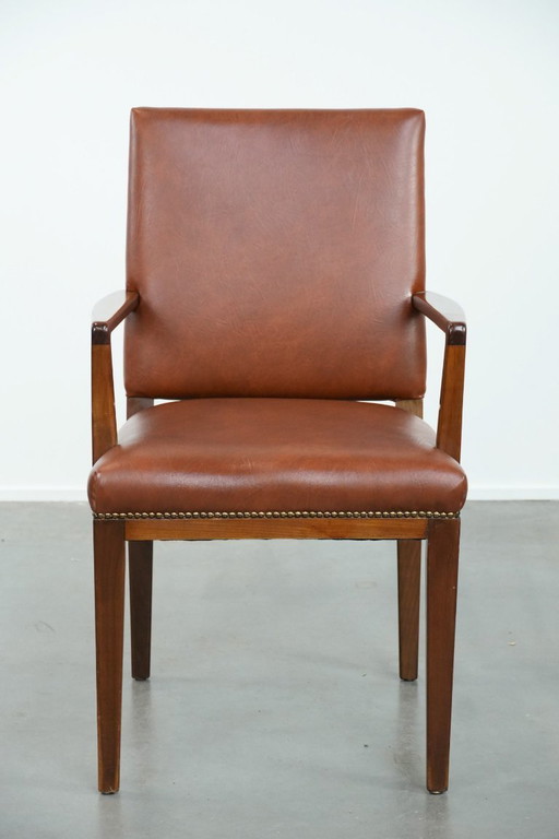 Scrivania/sedia laterale/scrivania vintage scandinava in legno e pelle di mucca degli anni '60/'70