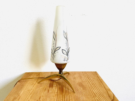 Image 1 of Space Age mid century modern brass tripod table lamp with opaline glass lampshade, 1950s