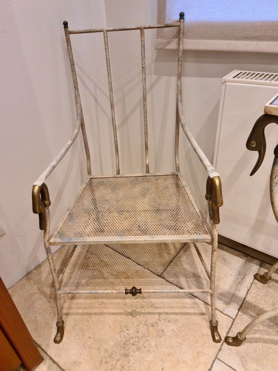 Image 1 of Set di 3 pezzi: tavolino, sedia e specchio in ferro battuto e ottone