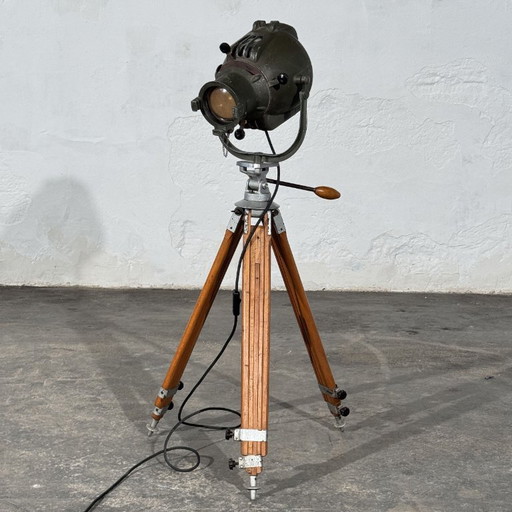Strand Electric Theatre Spotlight on Adjustable Wooden Tripod, Mid-20th Century