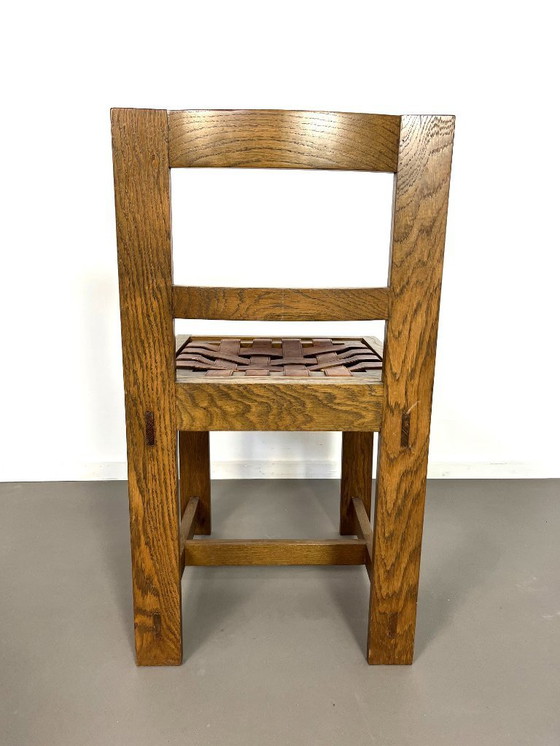 Image 1 of 6 Brutalist oak chairs with leather seat