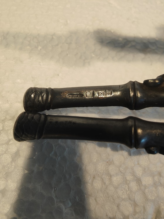 Image 1 of Jarrón Christofle de estilo japonés, monoflore de bambú en vidrio craquelado y "bambú" de bronce plateado.