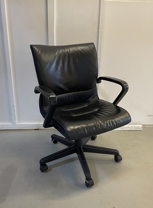 Black Leather Office Chair Model "Qualis" by Emilio Ambasz for Tecno, 1991