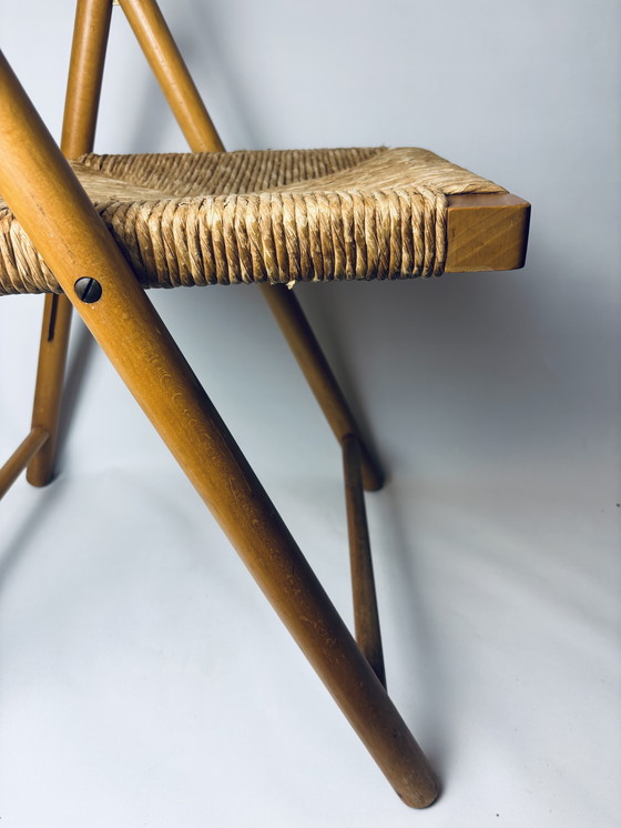 Image 1 of Set of 2 vintage wooden folding chairs with rattan seats – 1970s/1980s kg