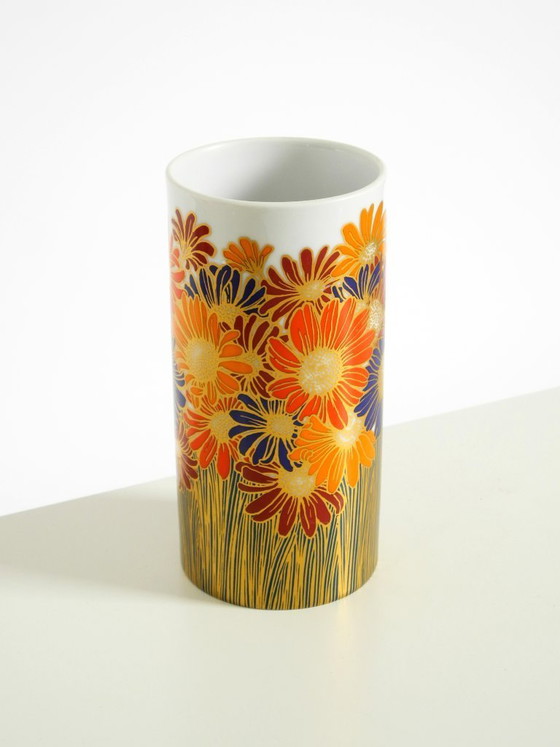 Image 1 of Beautiful 1980s porcelain vase by Rosemonde Nairac for Rosenthal Studio-Linie, featuring colorful daisies