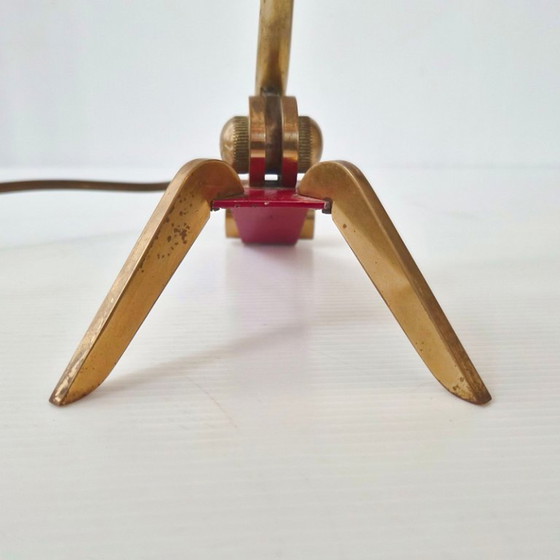 Image 1 of Vintage 1950s Adjustable Table Lamp, Brass and Steel, Red Lacquered, 1950s