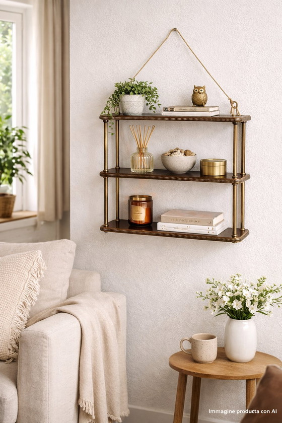 Image 1 of Étagère murale de style années 50-60, en bois et laiton, à 3 niveaux.