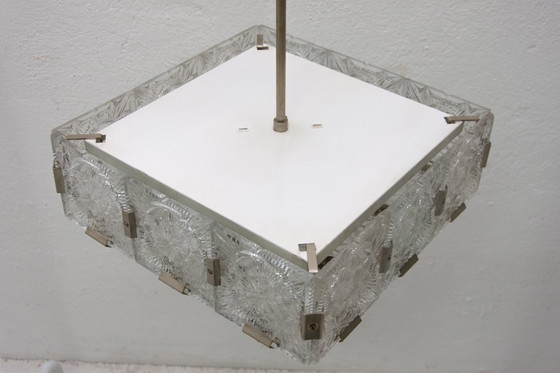 Image 1 of Mid Century Pendant Lamp Glass & Chromed Steel Kamenický Šenov 1970s Czechoslovakia