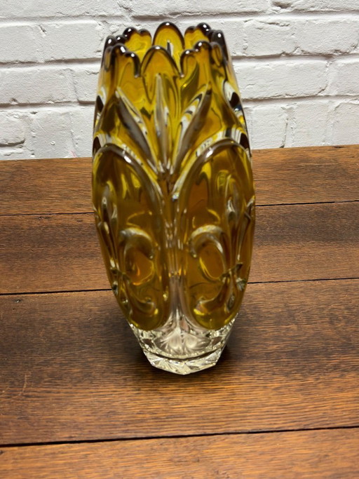 Vintage Handgeslepen Kristallen Vaas – Goudgeel/Amber – Fleur-de-lis