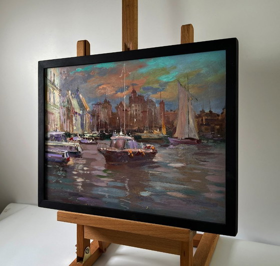 Original Oil Painting Urban Landscape Architecture Port City Sailboats – Paintings & Drawings, Mdf (photo 3 of 10)