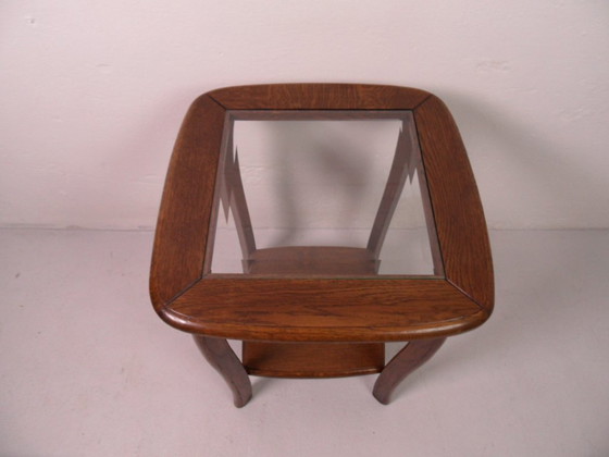 Image 1 of Vintage oak side table with glass 1950s