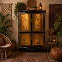 Mobiletto cinese vintage con decorazioni in foglia d'oro, fiori e uccelli (mobile bar) in stile bohémien/orientale