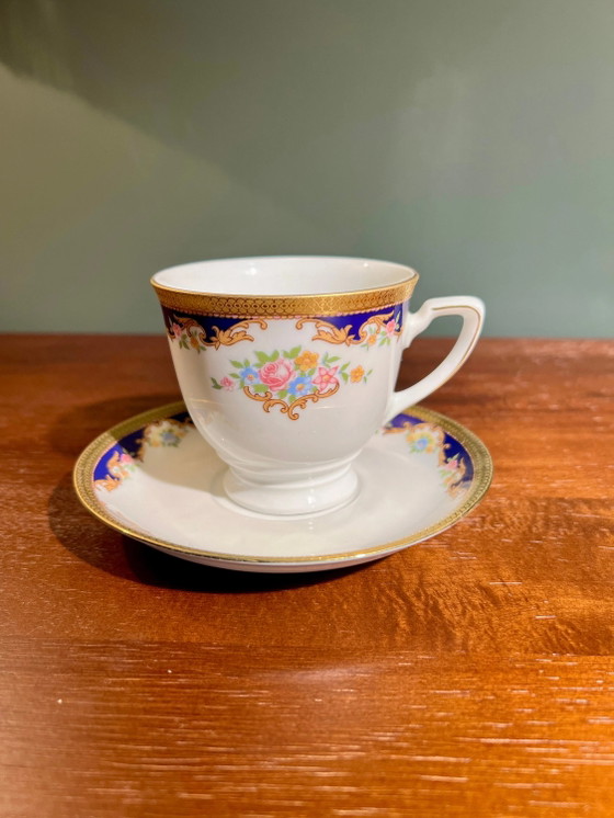 Vintage Koffieservies voor 6, Kobaltblauw met 14k Gouden Rand, Mosrozen, Uitstekende Staat, van Bavaria (photo 7 of 10)