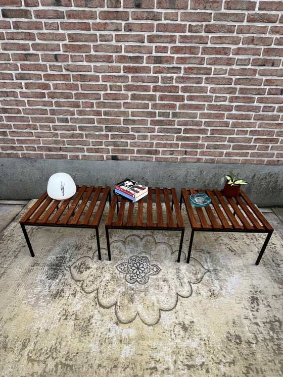 Unique set of three vintage mid-century MCM slat benches – Side tables, Wood, Metal (photo 11 of 11)