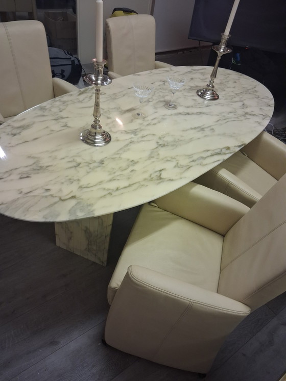 Image 1 of Museumstuk: Originele Mario Bellini "Il Colonnato" Marmeren Tafel XL + 4 Luxe Leren Stoelen (In Concoursstaat!)