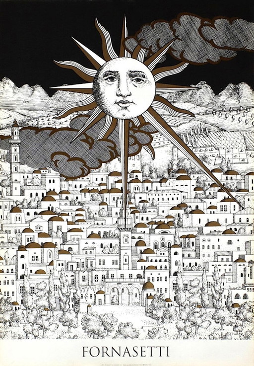 Affiche sérigraphiée de Piero Fornasetti, Soleil à Jérusalem, 1993