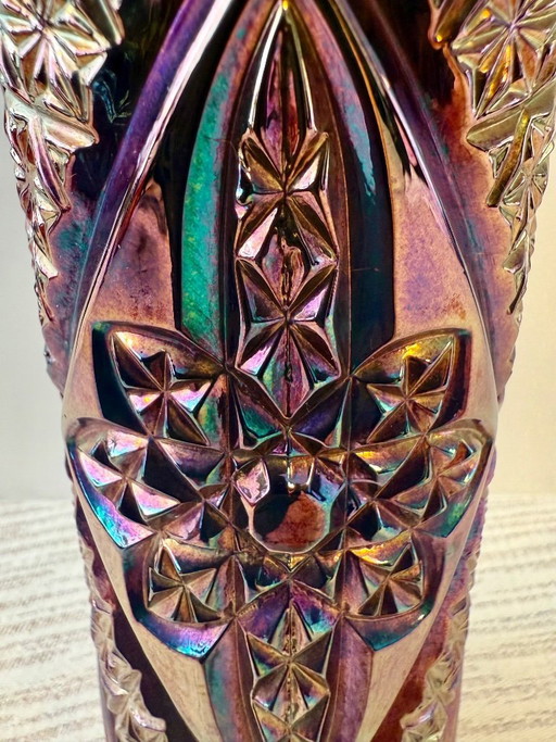 Antique Brockwitz "Curved Star" Cobalt Blue Carnival Glass Vase • 24.5cm • Good Vintage Condition