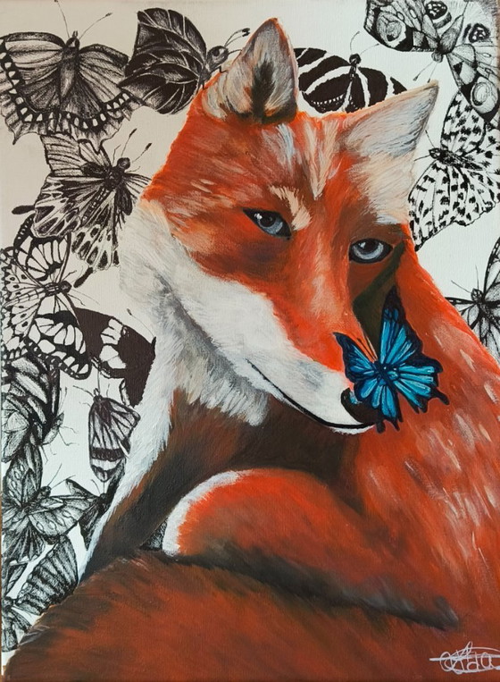 Image 1 of Origineel schilderij op canvas: 'Silent Serenade'. Vos met vlinders. 30*40cm