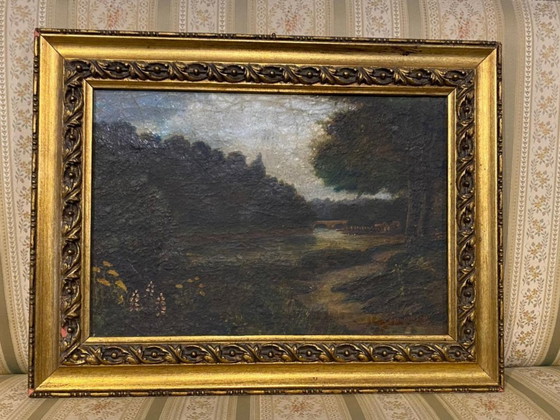 Image 1 of Antique oil painting on panel, landscape, 19th century
