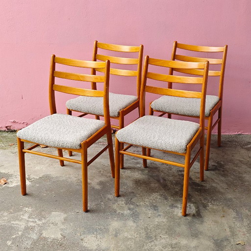 Set of four dining chairs, wood and grey fabric