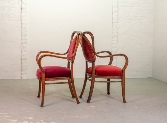 Image 1 of Red Velvet Heartshaped Wooden Vintage Design Side Chairs. Set of 2. 1950s.