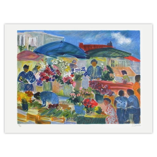 Nancy DELOUIS Scène de marché Litografia firmata 1990