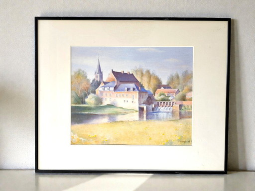 Acquerello originale francese – Paesaggio del castello, firmato 1999 (incorniciato)