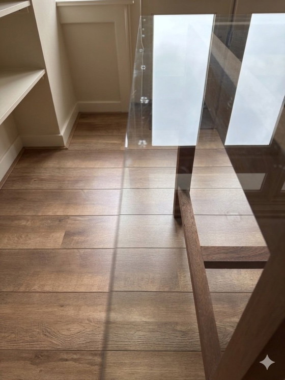 Image 1 of glass table with hardwood base (own design)