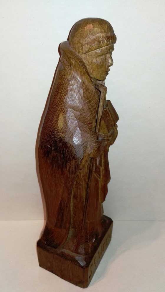 Image 1 of Statuette Religieuse Rétro Vintage en Bois Sculpté l'Abbé St Méen / 50's  