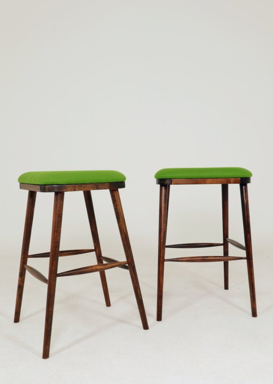 Image 1 of Beech Wood Bar Stools – Green Recycled Wool Upholstery, Rustic Mid-Century Style