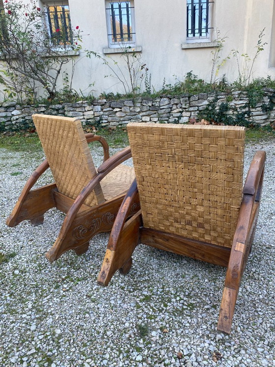 Image 1 of Paar koloniale Art Deco-fauteuils in rotan en teak