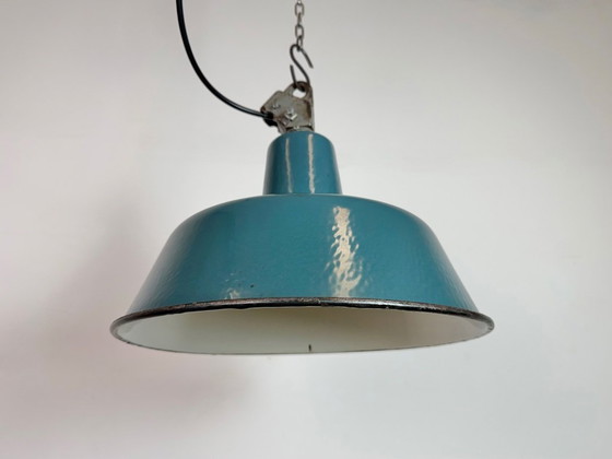 Image 1 of Industrial Petrol Enamel Factory Lamp with Cast Iron Top, 1960s