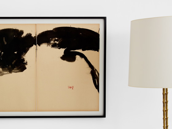 Image 1 of T'ang Haywen gesigneerd tweeluik inkt op beige papier 1972