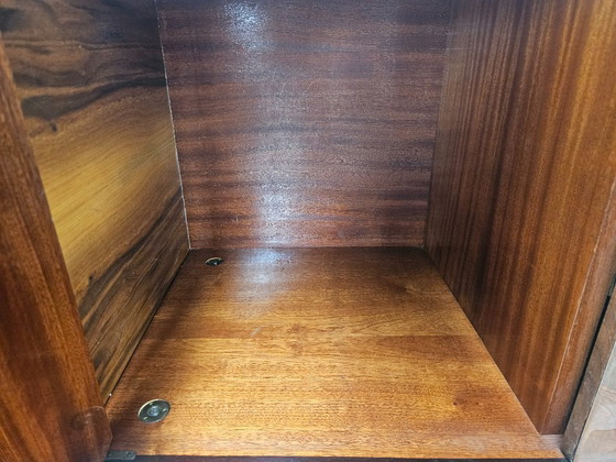 Image 1 of Mid-century mahogany sideboard from the 1950s with aqua green glass and a central bar compartment