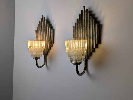 Image 1 of Pair of Ferro Art Iron and Glass Wall Sconces Art Deco Style 1970s