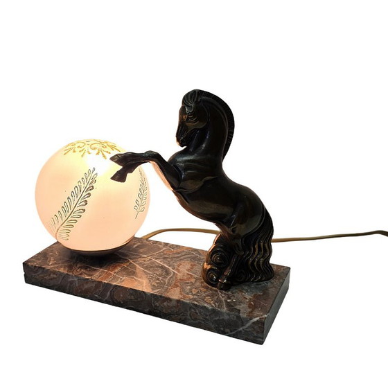 Lampe Art Déco française avec cheval, Marbre, Verre, Marron, Art Deco (photo 4 sur 6)