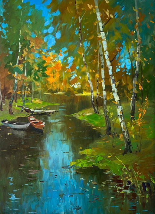 Peinture à l'huile originale, paysage naturel : une rivière dans la forêt d'automne
