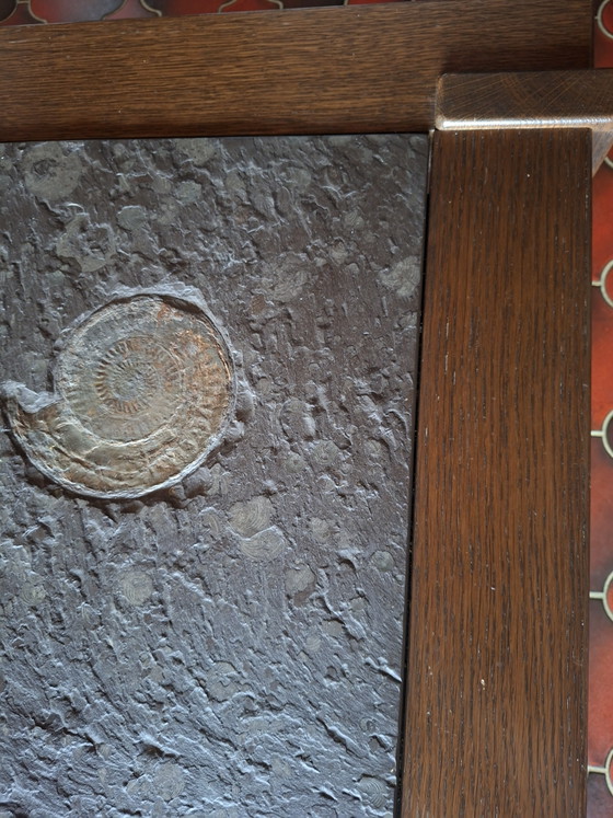 1970s Brutalist Coffee Table With 2 Real Ammonite Fossils – Solid Oak – Stone, Wood (photo 4 of 5)