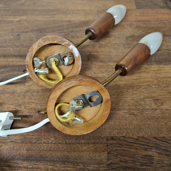 Image 1 of Two mid-century teak wall lamps, without shade