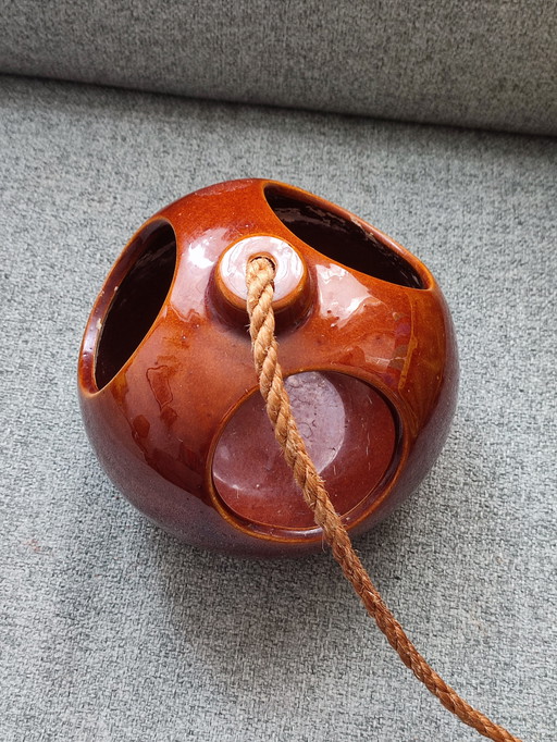 Vintage Plant Pendant Pottery Brown Globe Space Age