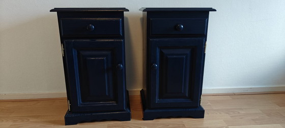 Image 1 of set of 2 dark blue bedside tables – sleek & modern
