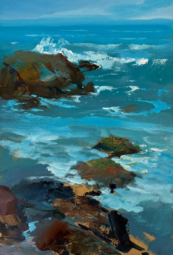 Image 1 of Origineel olieverfschilderij: een rotslandschap aan zee op een zonnige dag.